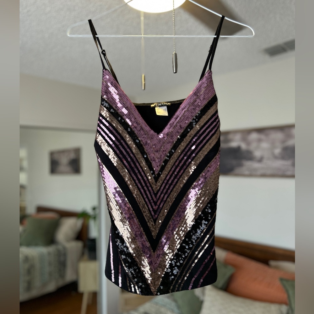 VENUS Purple and Black Sequin V-Neck Cami